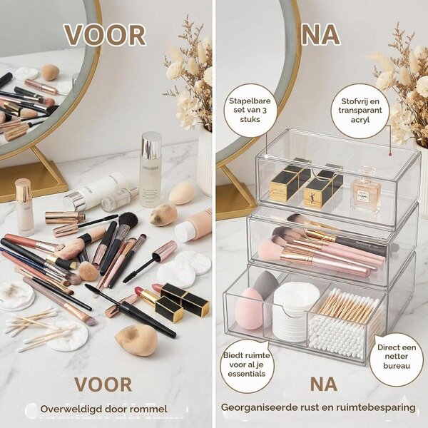Organizér na make-up - Průhledný akryl - Sada 3 kusů - Stohovatelný - Zásuvky do koupelny, na stůl a toaletní stolek