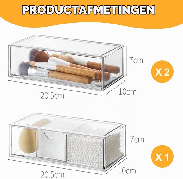 Organizér na make-up - Průhledný akryl - Sada 3 kusů - Stohovatelný - Zásuvky do koupelny, na stůl a toaletní stolek