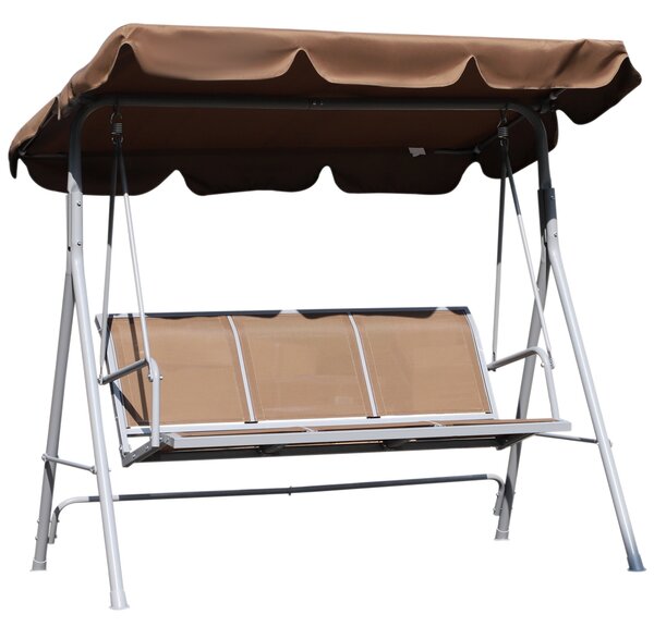 Závěsné křeslo Outsunny pro 3 osoby s nastavitelnou stříškou, prodyšné opěradlo a kovový rám na terasu, balkon, nosnost 240 kg, 171x108x154 cm, hnědé