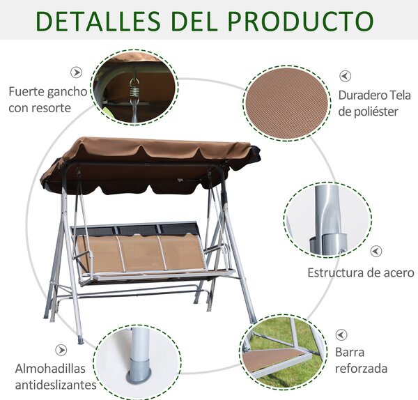 Závěsné křeslo Outsunny pro 3 osoby s nastavitelnou stříškou, prodyšné opěradlo a kovový rám na terasu, balkon, nosnost 240 kg, 171x108x154 cm, hnědé