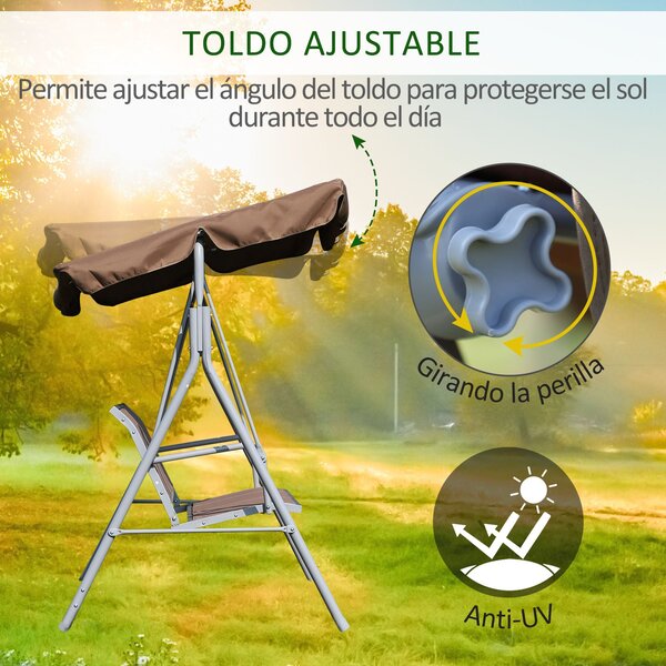 Závěsné křeslo Outsunny pro 3 osoby s nastavitelnou stříškou, prodyšné opěradlo a kovový rám na terasu, balkon, nosnost 240 kg, 171x108x154 cm, hnědé