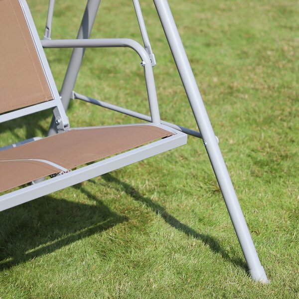 Závěsné křeslo Outsunny pro 3 osoby s nastavitelnou stříškou, prodyšné opěradlo a kovový rám na terasu, balkon, nosnost 240 kg, 171x108x154 cm, hnědé