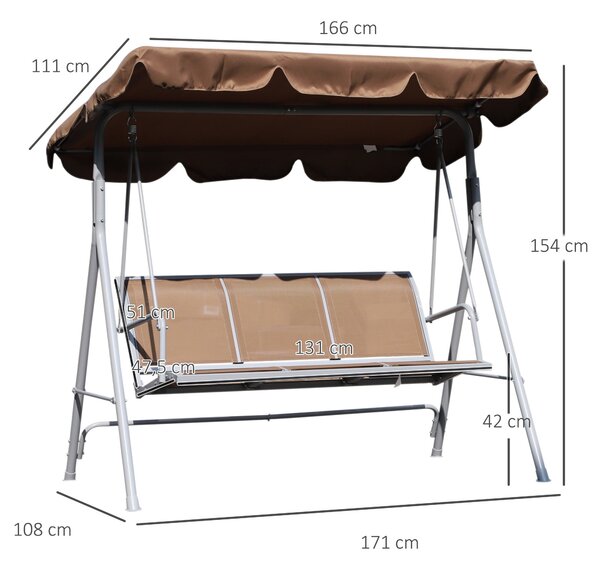 Závěsné křeslo Outsunny pro 3 osoby s nastavitelnou stříškou, prodyšné opěradlo a kovový rám na terasu, balkon, nosnost 240 kg, 171x108x154 cm, hnědé