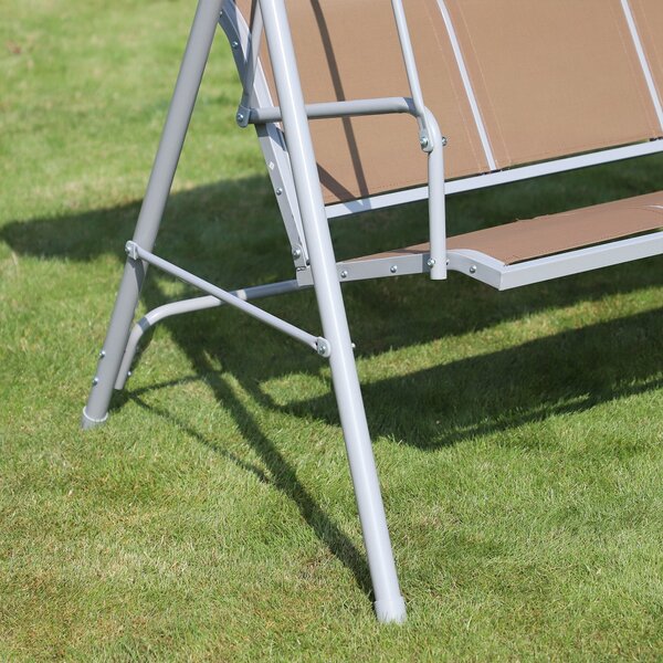 Závěsné křeslo Outsunny pro 3 osoby s nastavitelnou stříškou, prodyšné opěradlo a kovový rám na terasu, balkon, nosnost 240 kg, 171x108x154 cm, hnědé