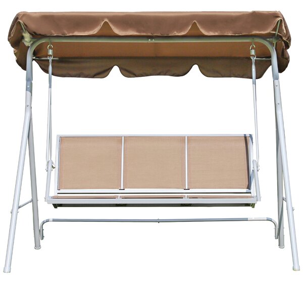 Závěsné křeslo Outsunny pro 3 osoby s nastavitelnou stříškou, prodyšné opěradlo a kovový rám na terasu, balkon, nosnost 240 kg, 171x108x154 cm, hnědé