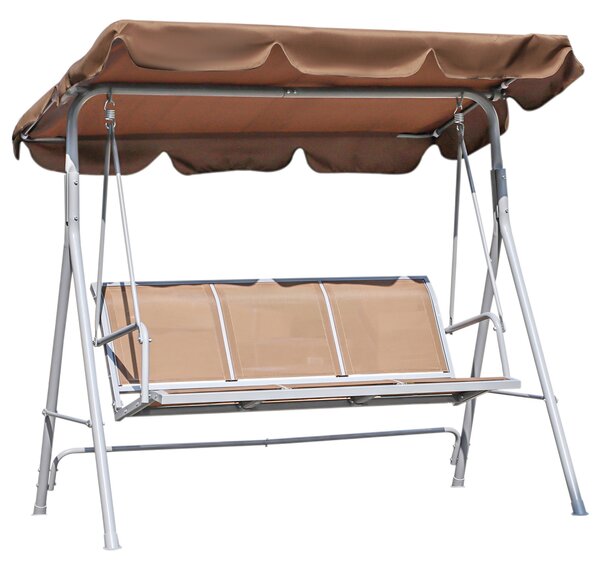 Závěsné křeslo Outsunny pro 3 osoby s nastavitelnou stříškou, prodyšné opěradlo a kovový rám na terasu, balkon, nosnost 240 kg, 171x108x154 cm, hnědé