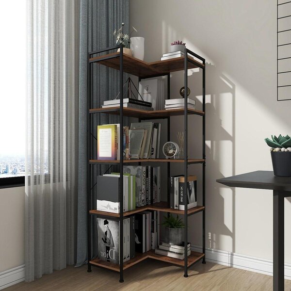 Rohová knihovna rohový regál na knihy - 5 úrovní - 150 cm - Kov a MDF - Černá