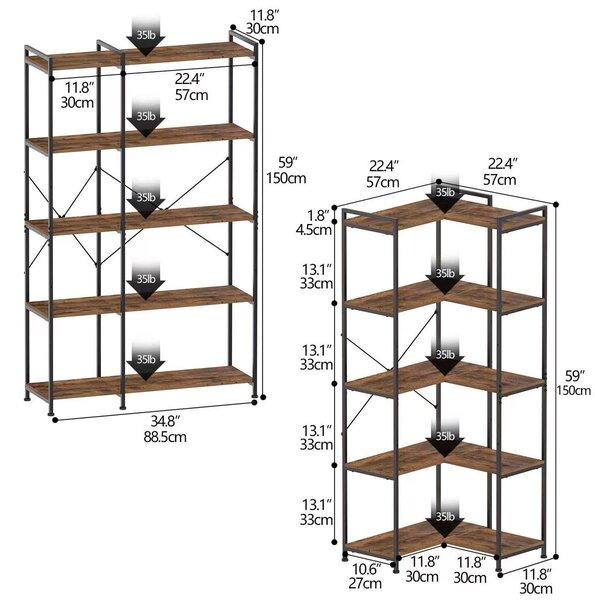 Rohová knihovna rohový regál na knihy - 5 úrovní - 150 cm - Kov a MDF - Černá