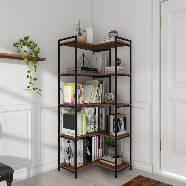 Rohová knihovna rohový regál na knihy - 5 úrovní - 150 cm - Kov a MDF - Černá