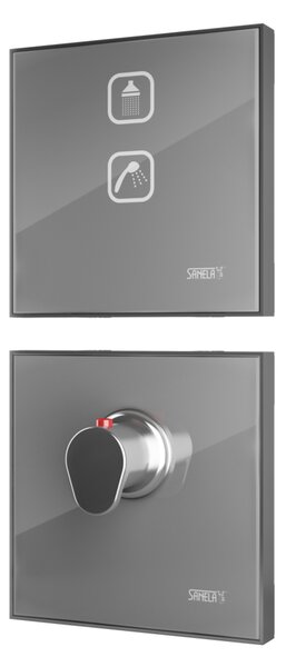 Sanela - Elektronické dotykové ovládání sprchy s termostatickým ventilem, barva skla světle šedá REF 9006, podsvícení azurové, 24 V DC