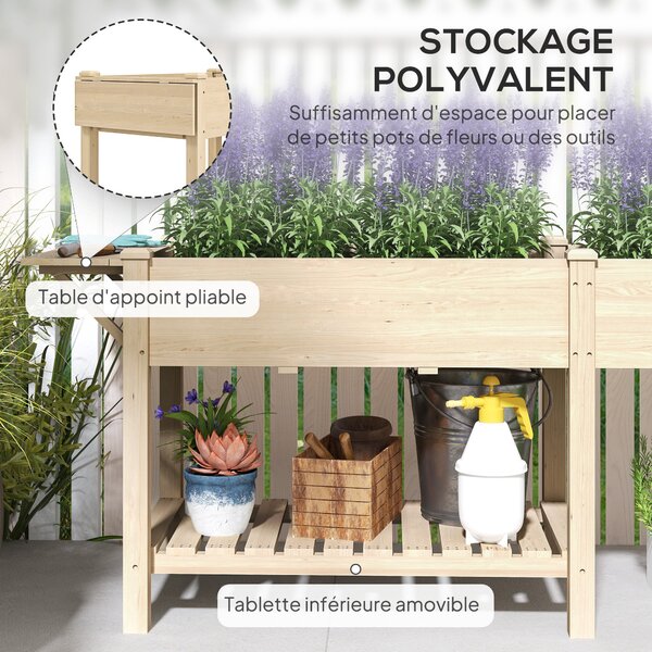 Vyvýšený zahradní záhon Outsunny s nohama, zahradní květináč s 2 výsadbovými boxy, skládací policí a spodní policí, 207 x 59 x 78 cm, přírodní dřevo |