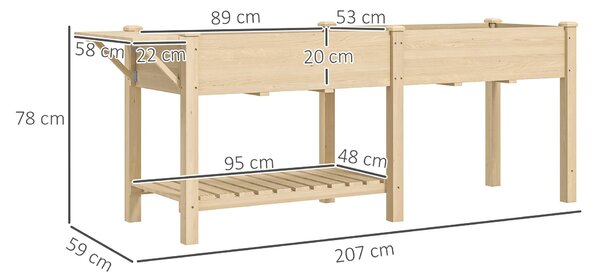 Vyvýšený zahradní záhon Outsunny s nohama, zahradní květináč s 2 výsadbovými boxy, skládací policí a spodní policí, 207 x 59 x 78 cm, přírodní dřevo |