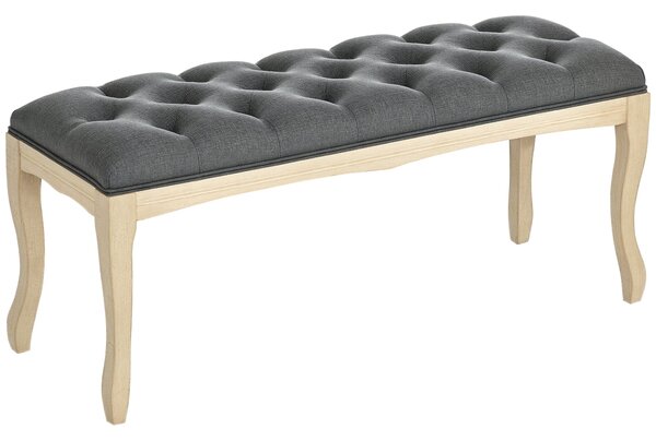 HOMCOM Čalouněná lavice s knoflíky v klasickém chic stylu 110 cm na konec postele, čalouněná lnu, nohy z kaučukového dřeva šedá | Aosom