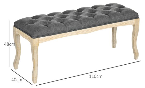 HOMCOM Čalouněná lavice s knoflíky v klasickém chic stylu 110 cm na konec postele, čalouněná lnu, nohy z kaučukového dřeva šedá | Aosom