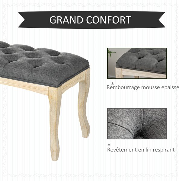 HOMCOM Čalouněná lavice s knoflíky v klasickém chic stylu 110 cm na konec postele, čalouněná lnu, nohy z kaučukového dřeva šedá | Aosom