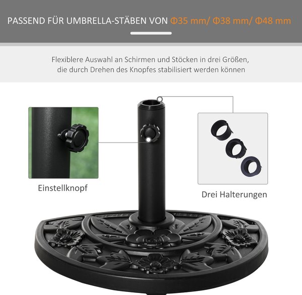 Stojan na slunečník Outsunny 9 kg s designem květiny a polokruhovým držákem pro slunečníky s průměrem tyče 35/38/48mm, pro balkon, terasu, zahradu, če