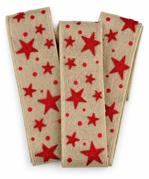 Stuha vánoční ADVENTNÍ HVĚZDY šedá s červenými glitrovými hvězdami 40mm x 2m
