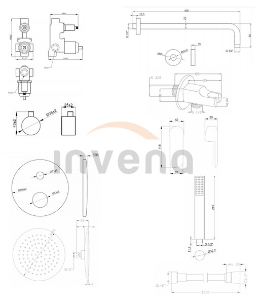 Invena Siros, podomítková sprchová sada s 2-výstupovým tělesem, černá matná, INV-BS-90-012-A