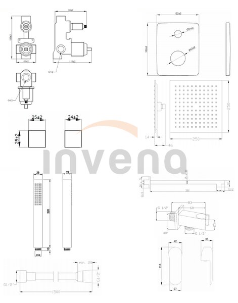 Invena Siros, podomítková sprchová sada s 2-výstupovým tělesem, černá matná, INV-BS-90-010-A