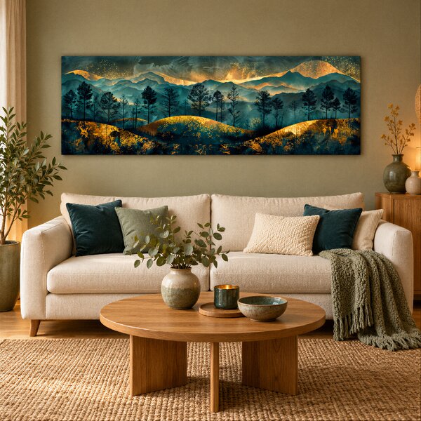 Obraz na plátně - Tmavé stromy ve zlatavých kopcích FeelHappy.cz Rozměr obrazu (Šířka x Výška): 120 x 40 cm