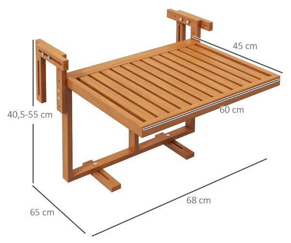 Závěsný balkonový stůl Outsunny, skládací balkonový stůl, stůl s nastavitelnou výškou, nosnost až 20 kg, pro terasu, zahradu, borovice, 68 x 65 cm, te