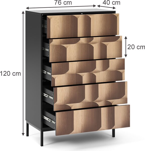 Komoda Vicco Eliza Černá/dubová 76 x 120 cm s 5 zásuvkami, Model 55176