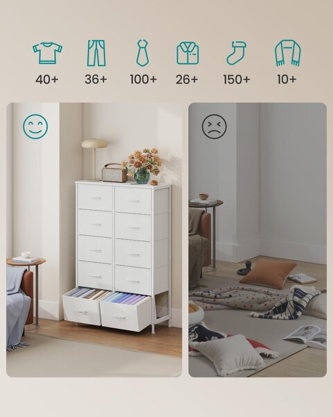 SONGMICS komoda, skříň, 10 látkových zásuvek, do ložnice, předsíně, obývacího pokoje, bílá