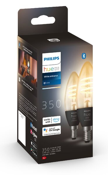 Sada 2x Hue WA Filament žárovka LED E14 B39 4,6W 350lm 2200-4500K IP20