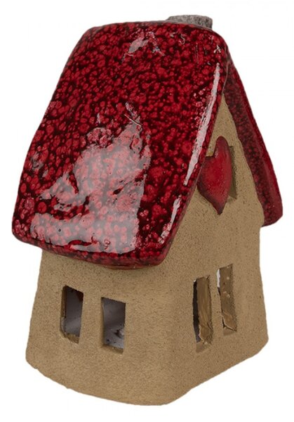 Keramický domeček na svíčku s červenou střechou a srdcem Sevrin II – 12x9x16 cm