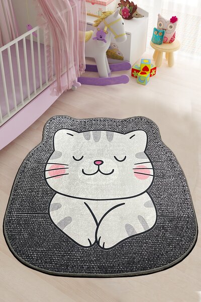 ASIR Kulatý dětský koberec (80 cm) NEKO šedý s kočkou