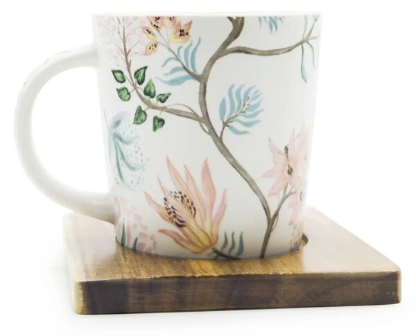 Hrnek Fiore s podšálkem z akácie, 350 ml, PPD, porcelánový hrnek s květinovým motivem