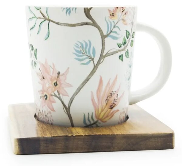 Hrnek Fiore s podšálkem z akácie, 350 ml, PPD, porcelánový hrnek s květinovým motivem