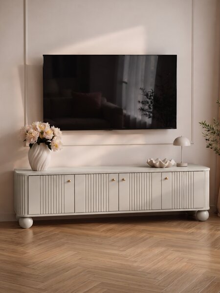 TV stolek Vesper 4D 187 cm - kašmírový / zlaté úchytky / kulaté kašmírové nožky