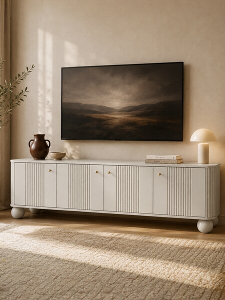 TV stolek Vesper 4D 187 cm - kašmírový / zlaté úchytky / kulaté kašmírové nožky