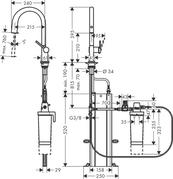 Hansgrohe Aqittura M91 FilterSystem 210, vytažitelný výtok, 1jet, sBox, startovací sada, chrom 76800000