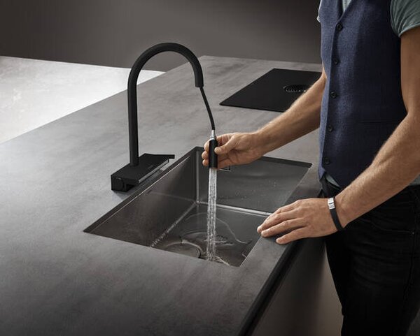 Hansgrohe Aquno Select M81 kuchyňská páková baterie 170 vytažitelná sprška, 3jet, sBox, matná černá 73831670