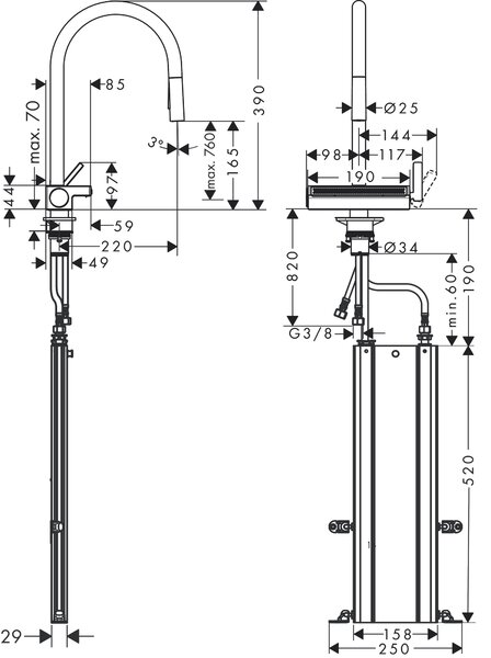Hansgrohe Aquno Select M81 kuchyňská páková baterie 170 vytažitelná sprška, 3jet, sBox, matná černá 73831670
