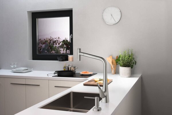 Hansgrohe Metris Select M71 kuchyňská páková baterie 320, vytahovatelná sprška, 2jet, sBox, vzhled nerezu 73816800