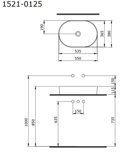 BOCCHI Sottile Slim Line - Umyvadlová mísa 550x380 mm, bez přepadu, bílá lesklá