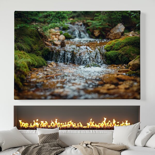 Obraz na plátně - Malý vodopád s šiškou a mechem FeelHappy.cz Velikost obrazu (šířka x výška): 40 x 30 cm