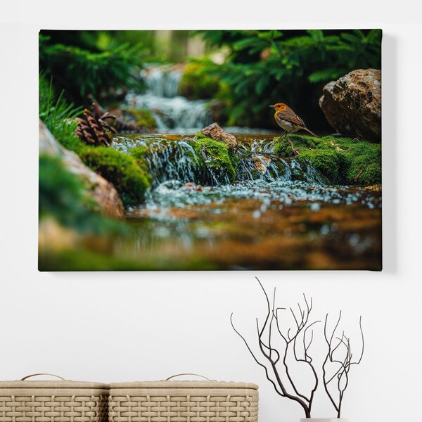 Obraz na plátně - Mechový vodopád s ptáčkem FeelHappy.cz Velikost obrazu (šířka x výška): 40 x 30 cm