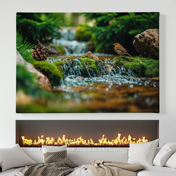 Obraz na plátně - Mechový vodopád s ptáčkem FeelHappy.cz Velikost obrazu (šířka x výška): 40 x 30 cm