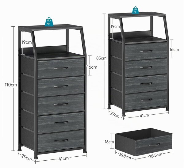 Komoda Dresser - Tmavě modrá - Vysoká a úzká - 5 látkových zásuvek - Dřevěná deska