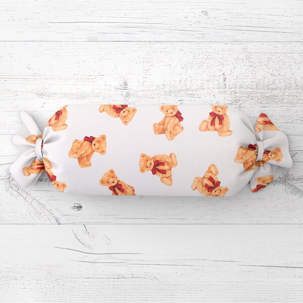 Biante Dětský polštář válec bonbon Sandra SA-767 Plyšoví medvídci s červenými mašlemi na bílém 15x40 cm