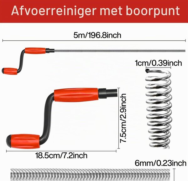 Čistič odpadů, 5 m × 6 mm, odstraňovač ucpání pro umyvadla a odpadní potrubí v koupelnách