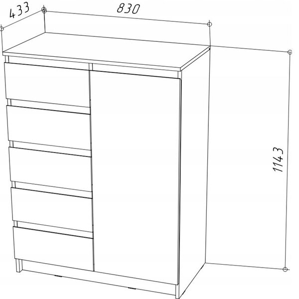 Komoda CR3-T-15 Graphite-Wotan 1-dveřová 5-zásuvková vysoká police