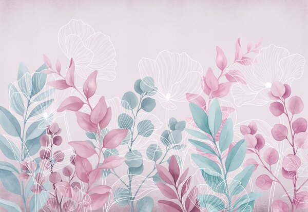 Fototapeta Klidná botanická ilustrace v pastelových barvách, Květinové fototapety, Populární fototapety - Tapeko.co.cz