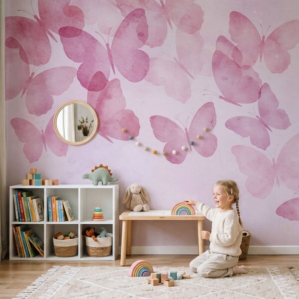 Fototapeta Skupina motýlů na růžovém pozadí, Fototapety s motýly, Populární fototapety - Tapeko.co.cz