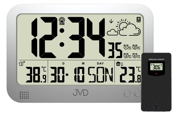 JVD Digitální stříbrné rádiem řízené hodiny (budík) JVD RB3565.2 + teploměr