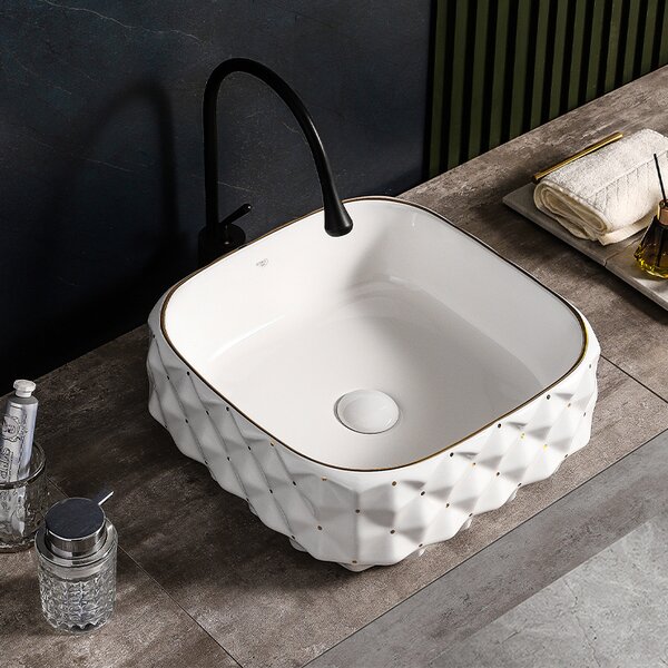 BPS-koupelny Keramické umyvadlo na desku PEARL WH GL 400 40x40 cm, bílá/zlatá